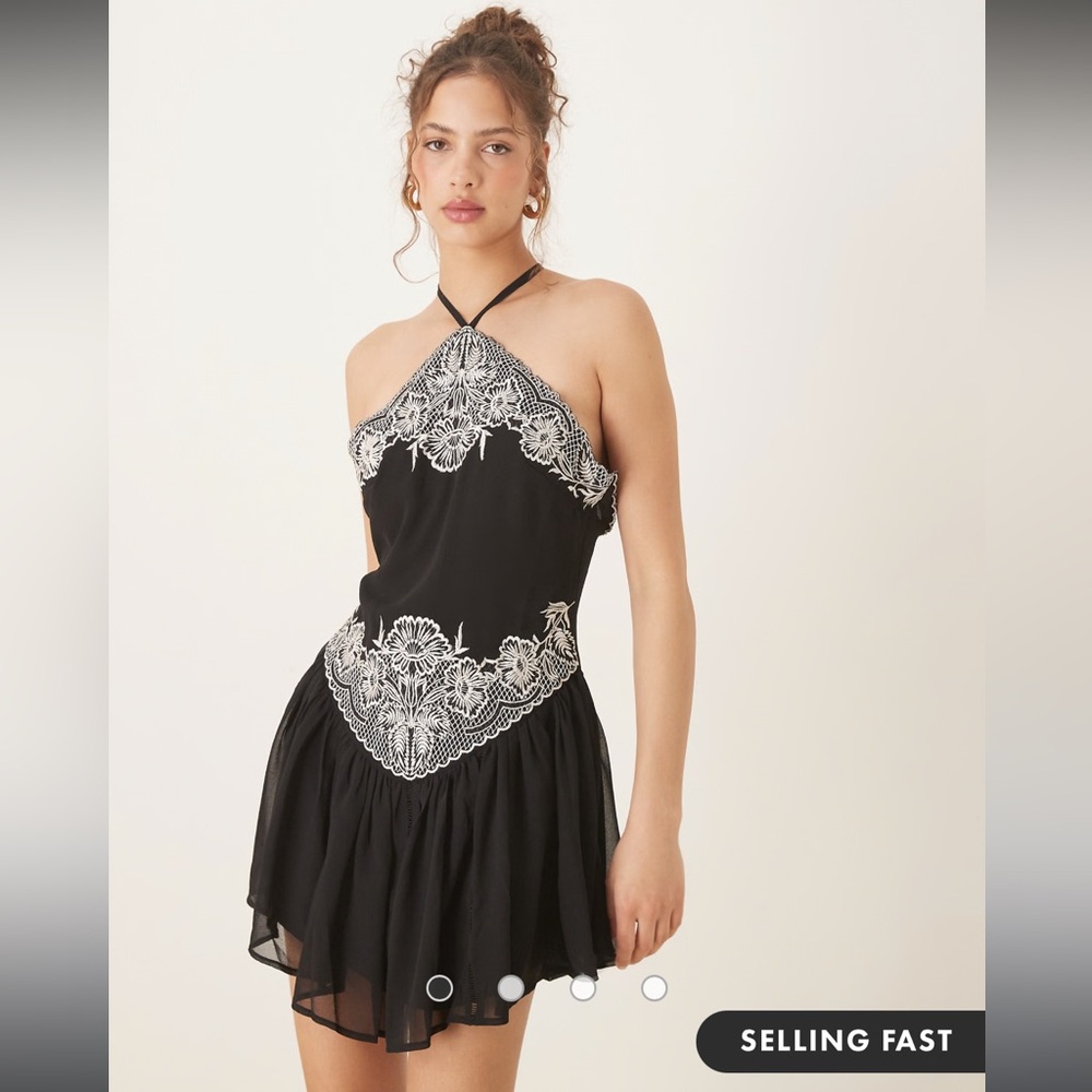 ASOS DESIGN embroidered halter mini dress in black NWT